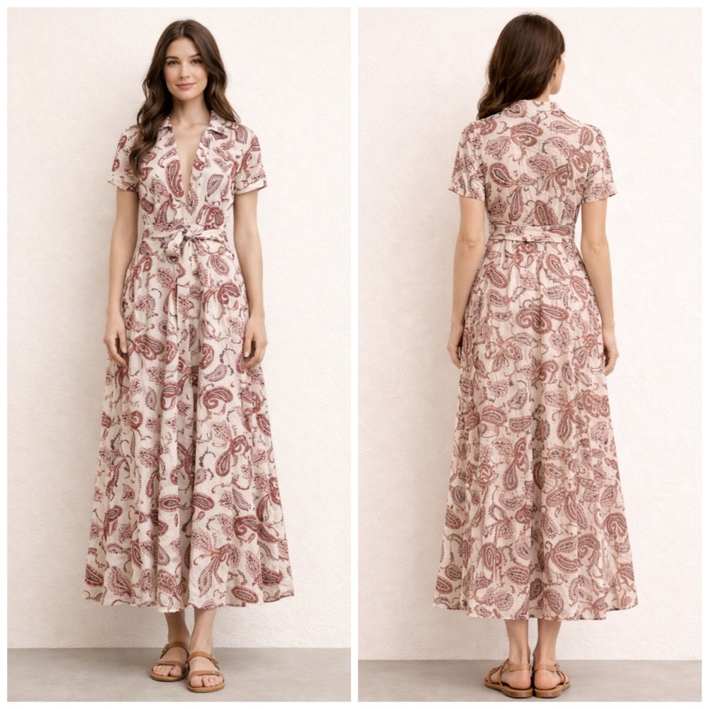 The Bright Side Anthropologie Isabella Linen Blend Paisley Belted Maxi Dress